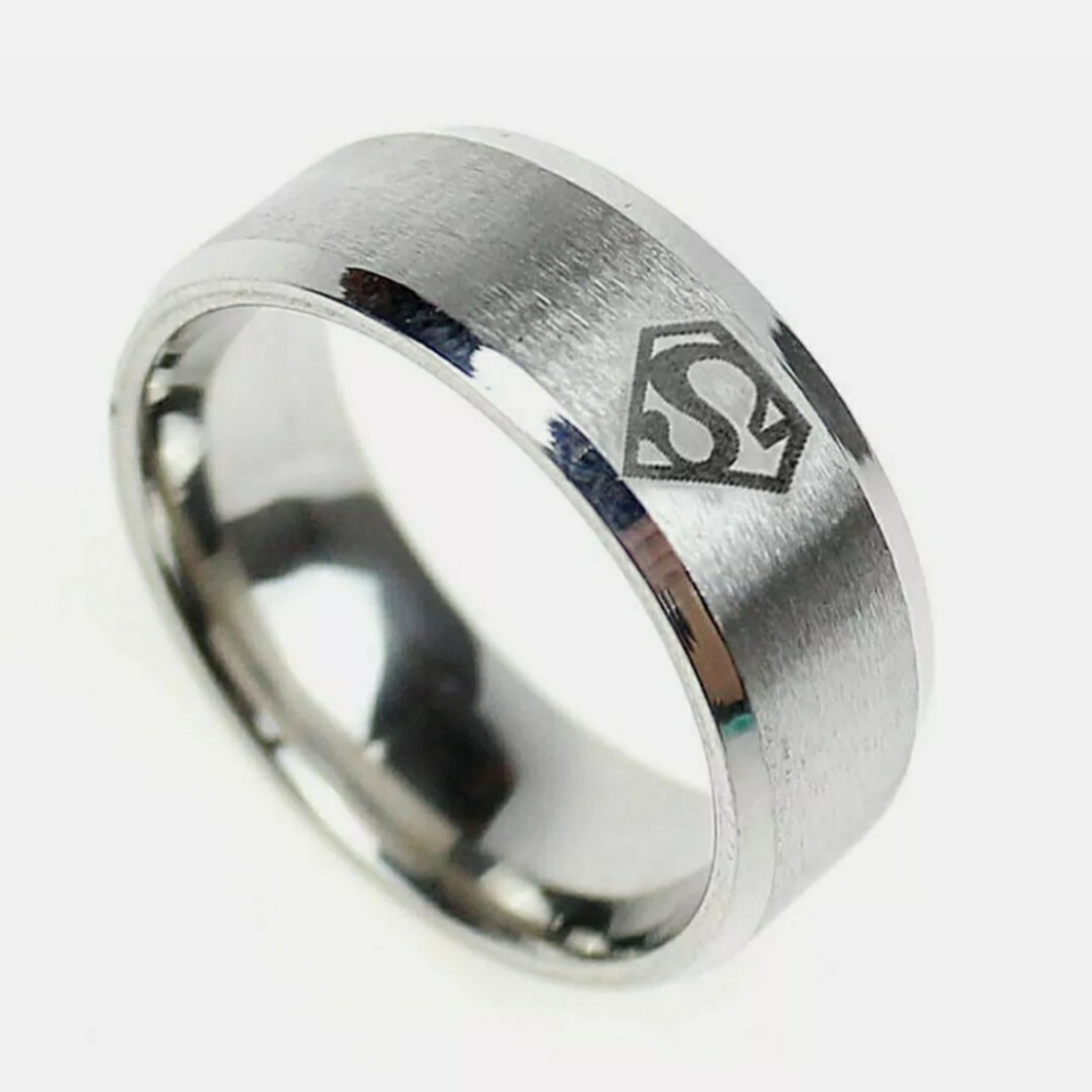 Silver Stainless Steel SUPERMAN Insignia Emblem Stamped Frosted 8mm Band Ring